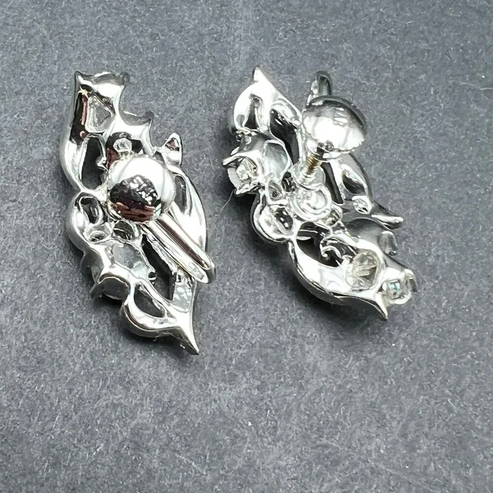 Vintage Star Screw Back Earrings‎ Purple Pink AB Rhinestone Flower Silver Tone